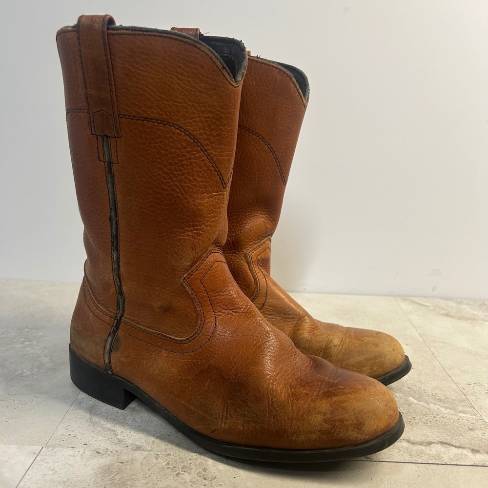 Acme Western Cowgirl Boots Tan Leather Women Size 8 M 8054 Distressed Pull On